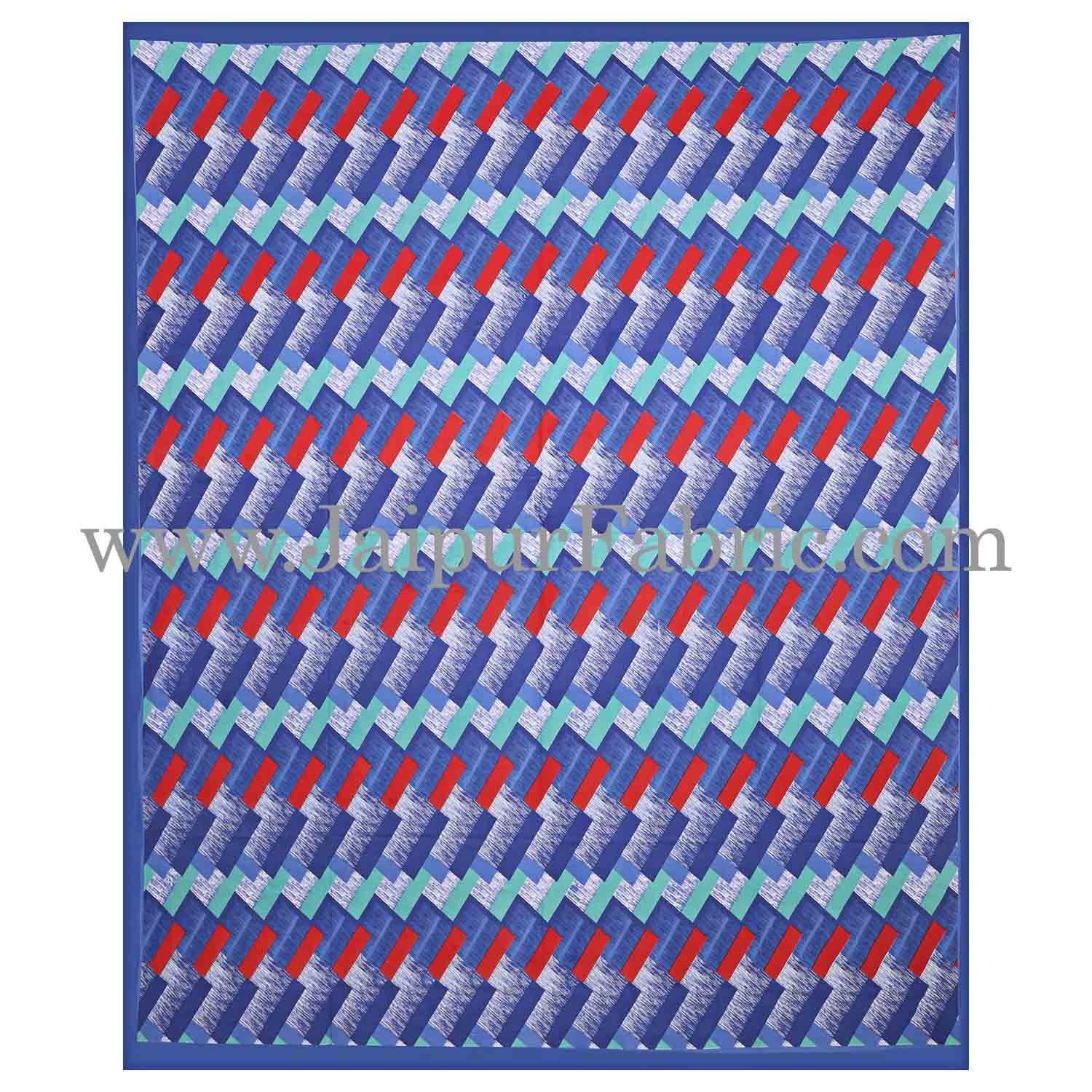 Blue  Border Zig-Zag Pattern Cotton Satin Double Bed Sheet