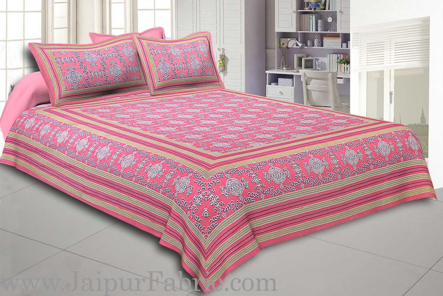 Pink Border Pink Base Mandana Print Cotton Double Bed Sheet