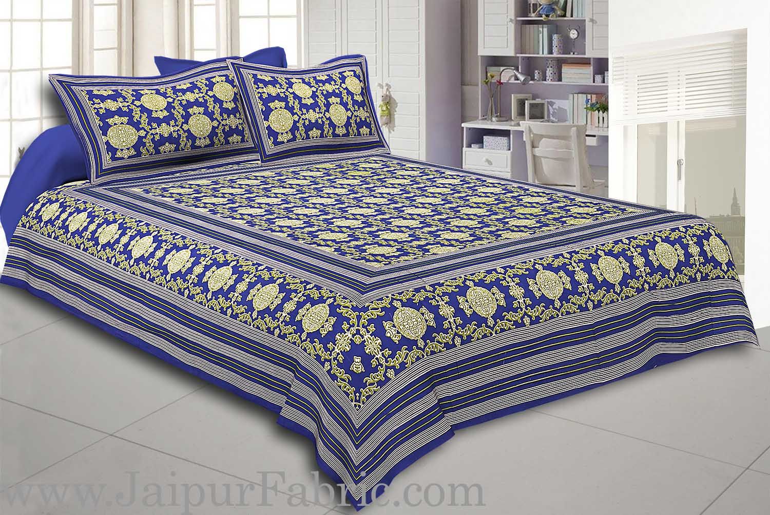 Blue Border Blue Base Mandana Print Cotton Double Bed Sheet