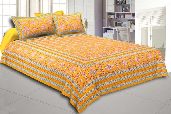 Yellow  Border Pink Base Mandana Print Cotton Double Bed Sheet