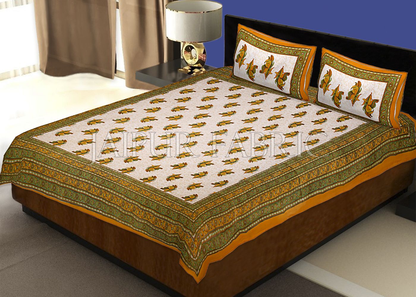 Yellow Border Rajasthani Bel Design Cotton Double Bed Sheet