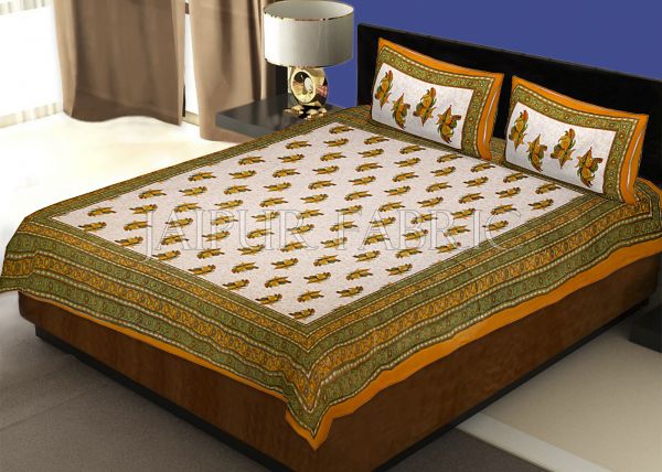 Yellow Border Rajasthani Bel Design Cotton Double Bed Sheet