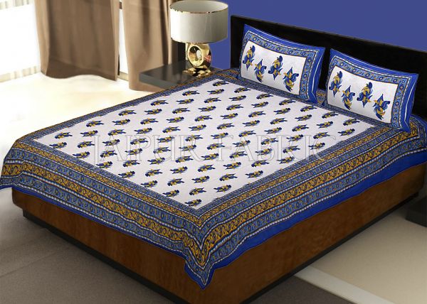Blue Border Rajasthani Bel Design Cotton Double Bed Sheet