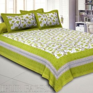 Green  Border Grapes Pattern Screen Print Cotton Double Bed Sheet