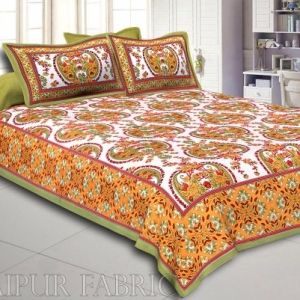 Green Border Multi Color Floral Pattern Screen Print Cotton Double Bed Sheet