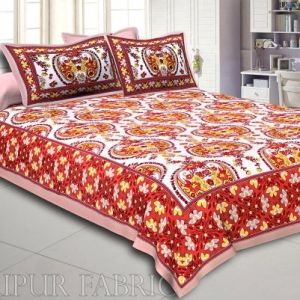 Pink Border Multi Color Floral Pattern Screen Print Cotton Double Bed Sheet