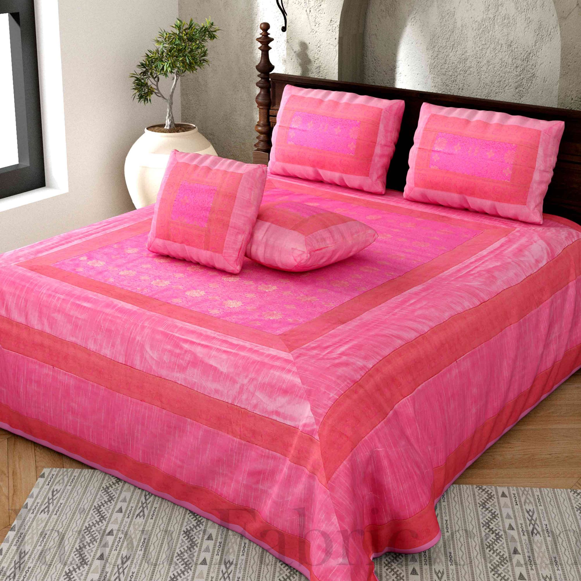Pink Rajasthani Zari Embroidered Lace Work Silk Double Bed Sheet