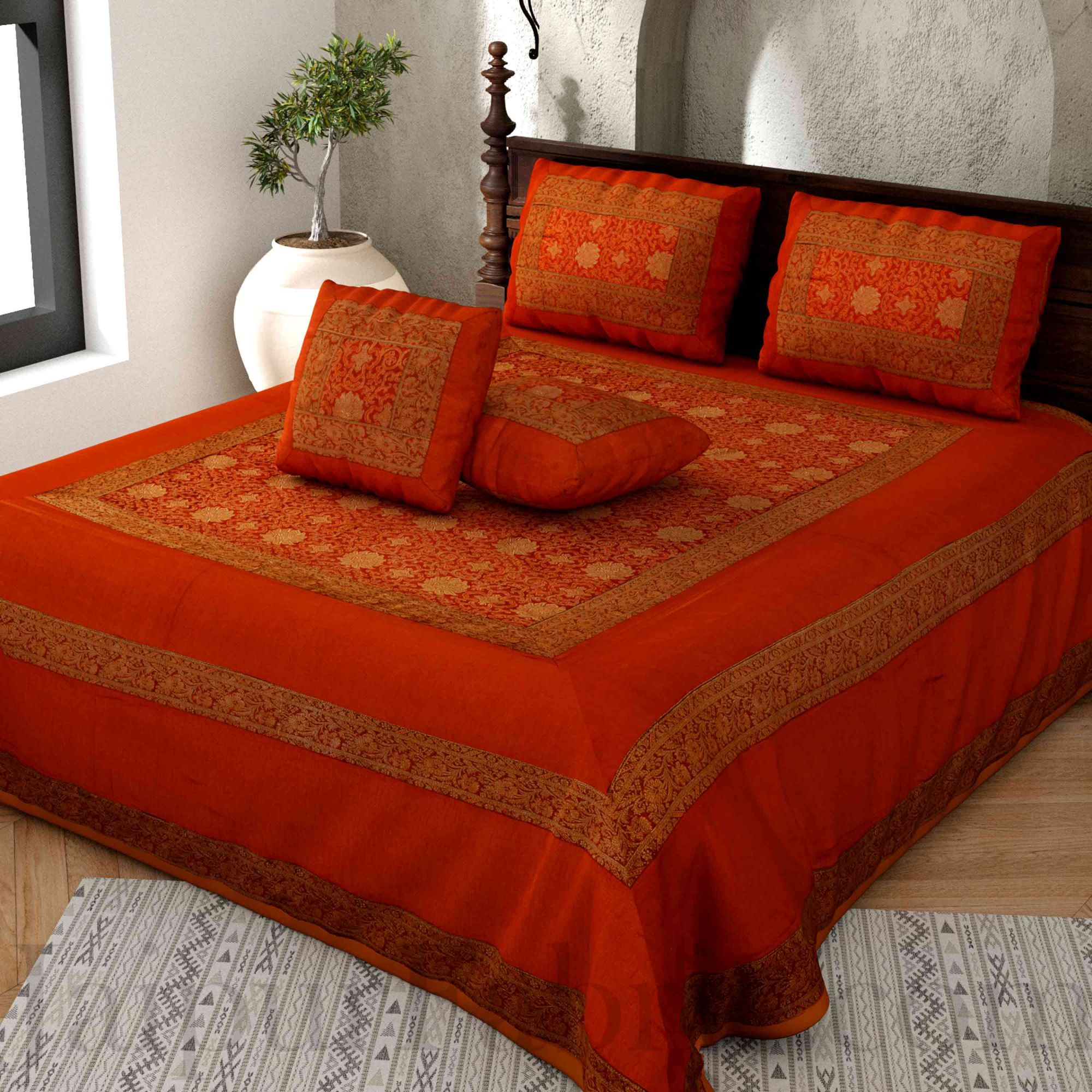 Brown Rajasthani Zari Embroidered Lace Work Silk Double Bed Sheet
