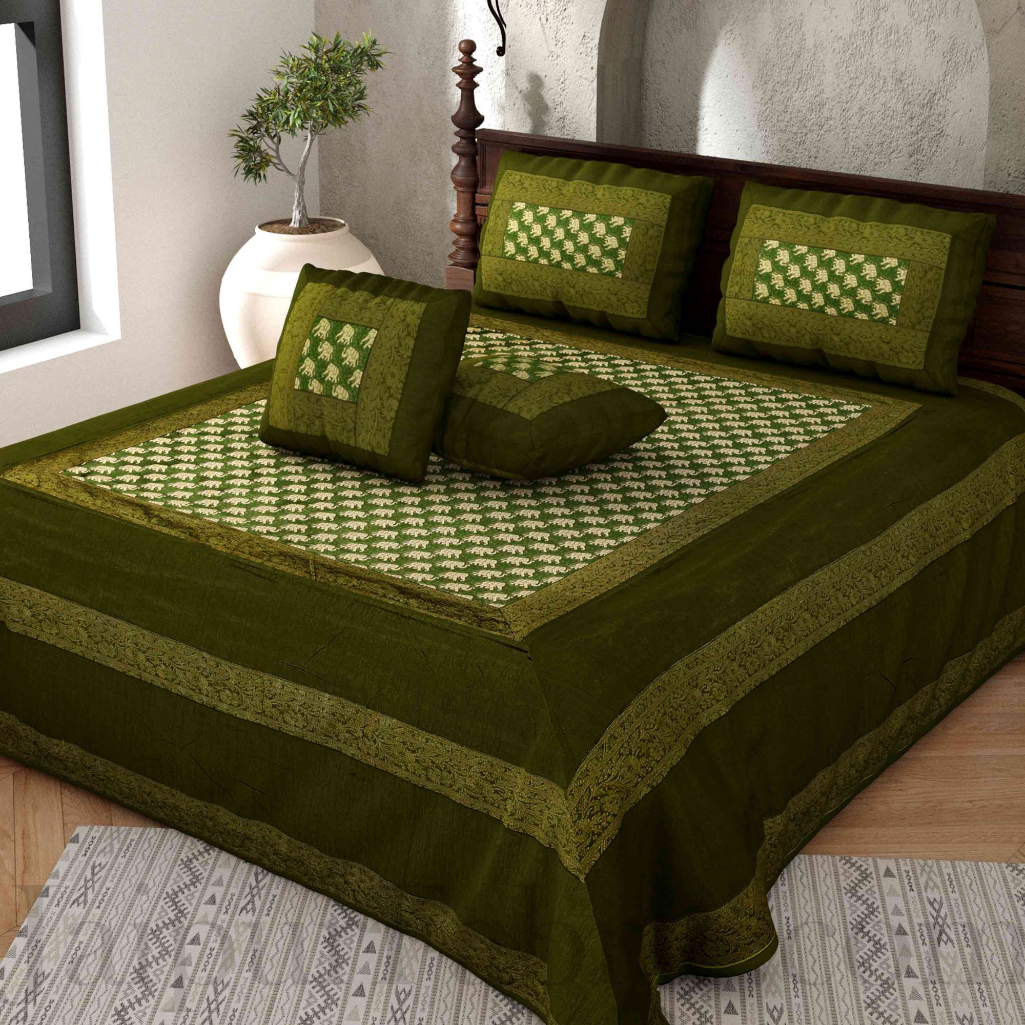 Green Rajasthani Zari Embroidered Lace Work Silk Double Bed Sheet