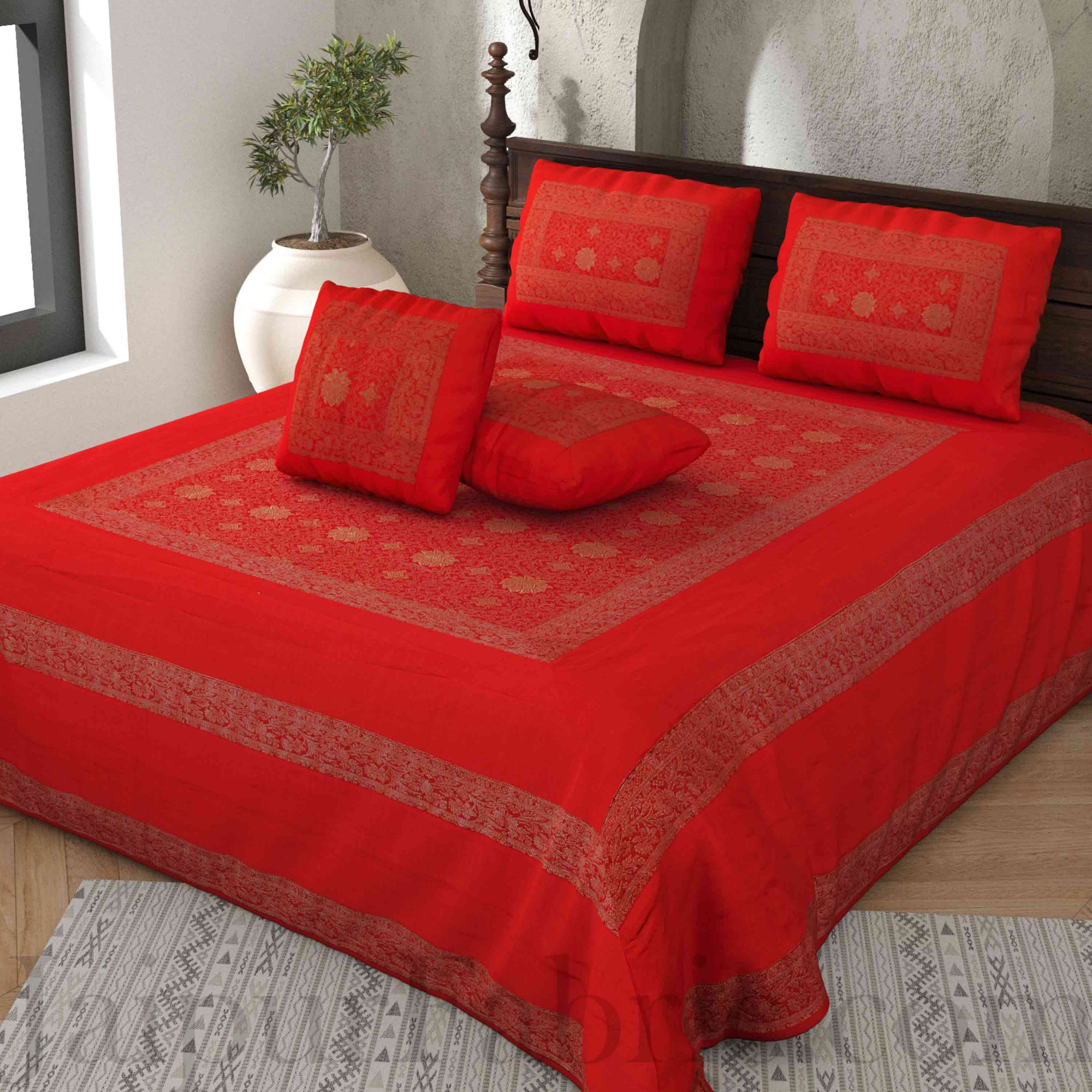 Radish Orange Rajasthani Zari Embroidered Lace Work Silk Double Bedsheet