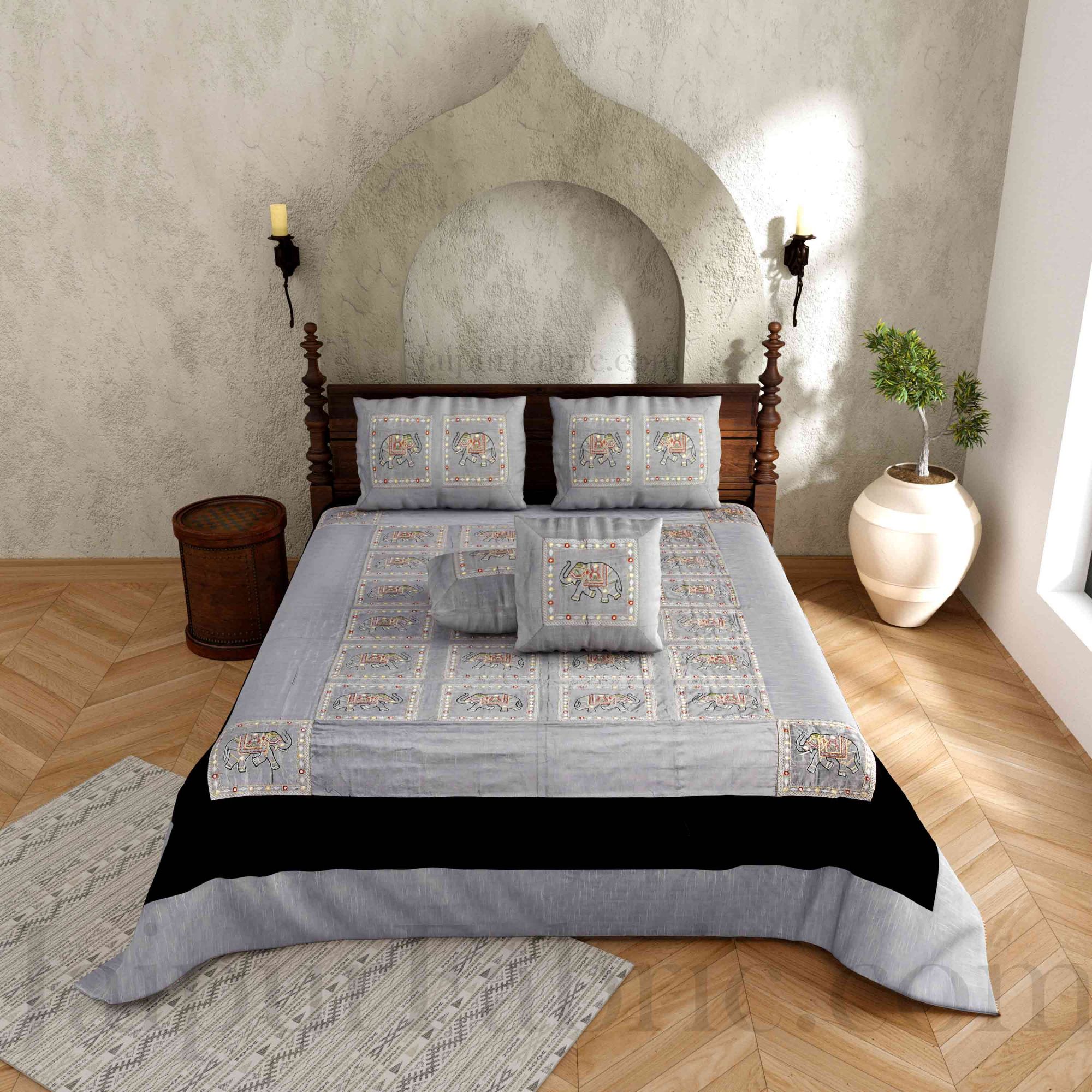 Gray Elephant  Zari Embroidered and Mirror Work Silk Double Bed Sheet