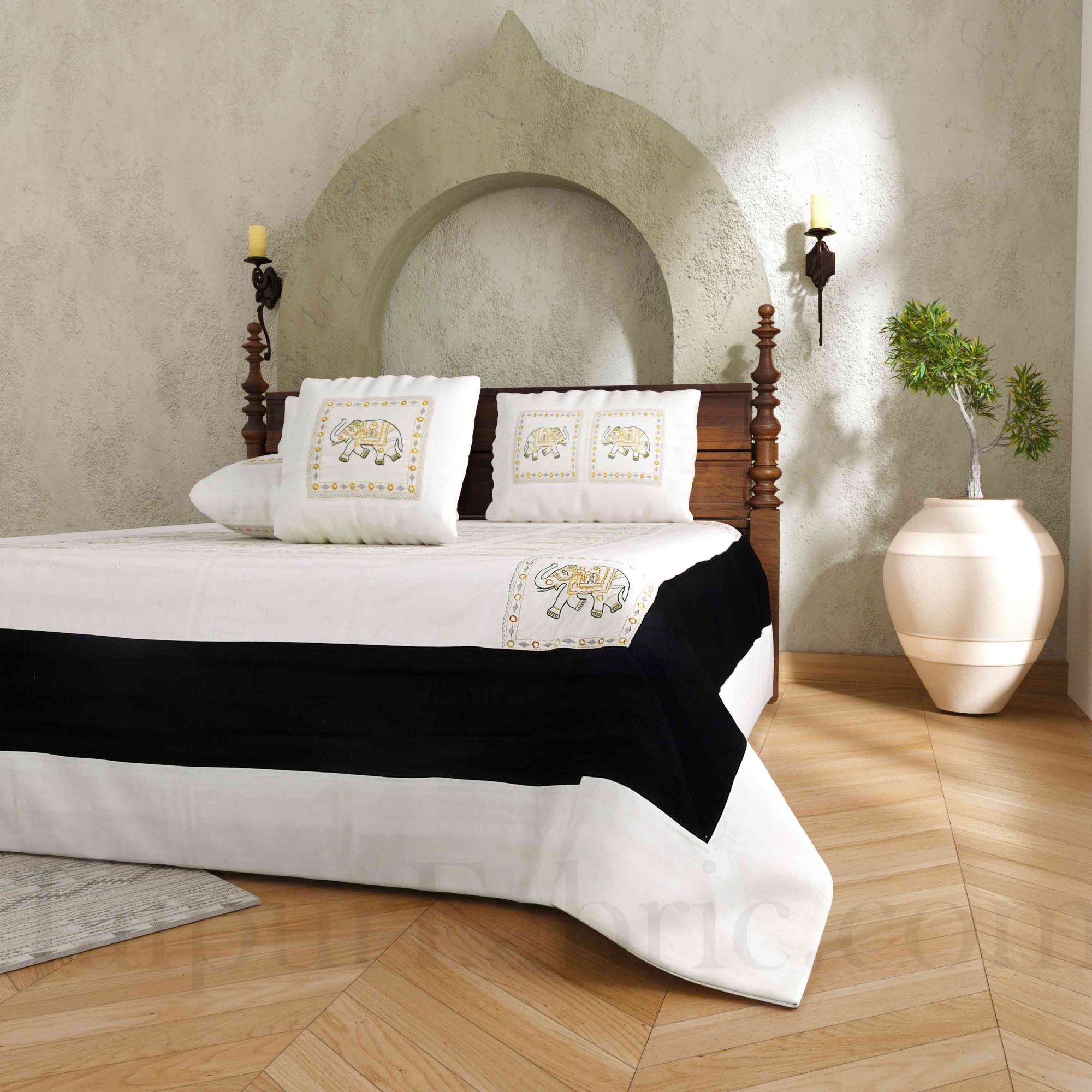 Black and White Elephant Thread And Mirror Work and Rajasthani Zari Work Double Bed Sheet
