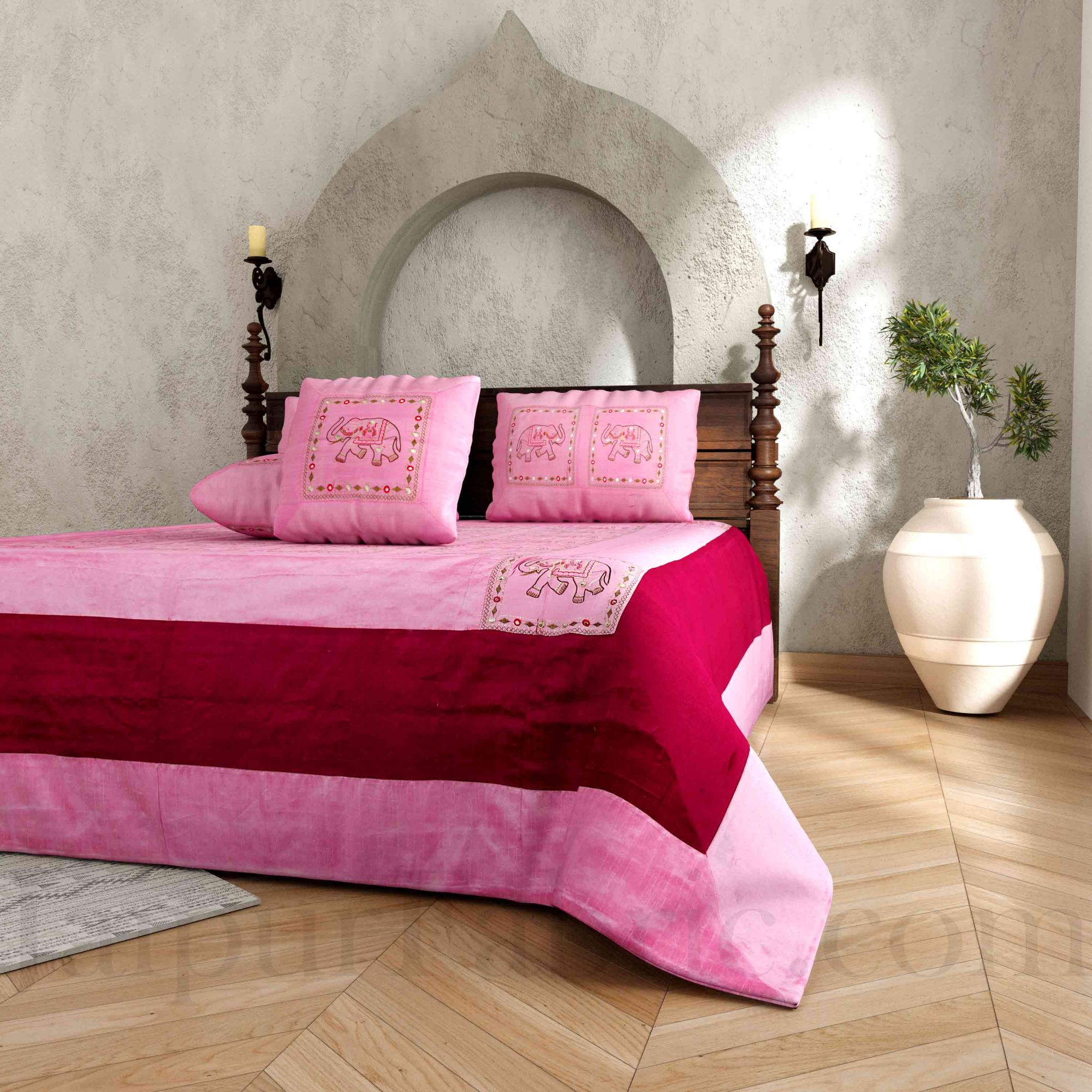 Pink And Maroon Elephant Mirror Work Thread Work and Rajasthani Zari Work  Double Bedsheet