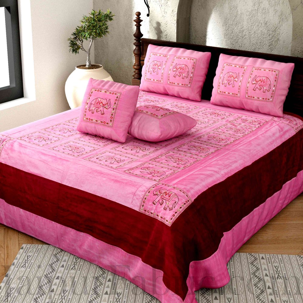 Fancy Linen Bedspread Coverlet Elephants Pink Green Blue Reversible New # Elephants Twin 