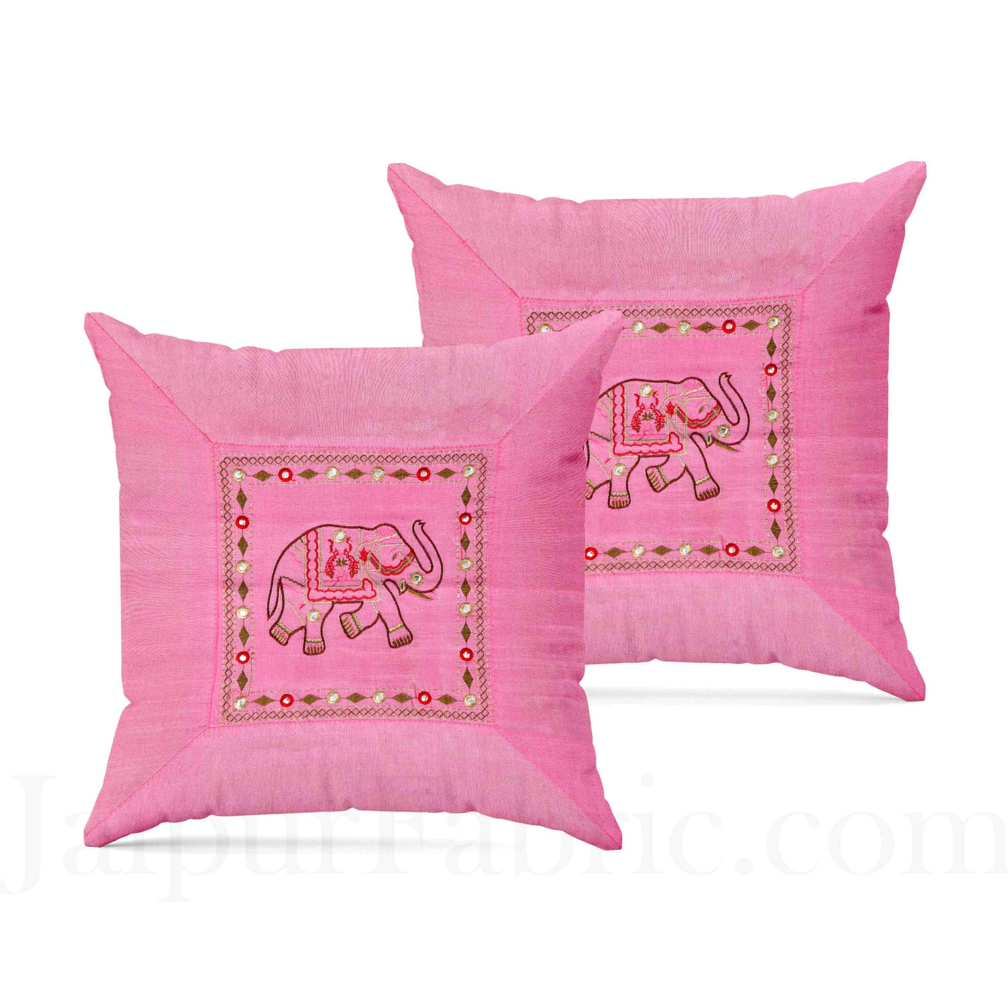 Pink And Maroon Elephant Mirror Work Thread Work and Rajasthani Zari Work  Double Bedsheet