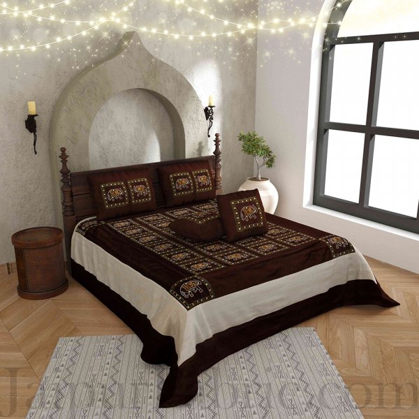 Brown Elephant Embroidered and Mirror Work Silk Double Bed Sheet