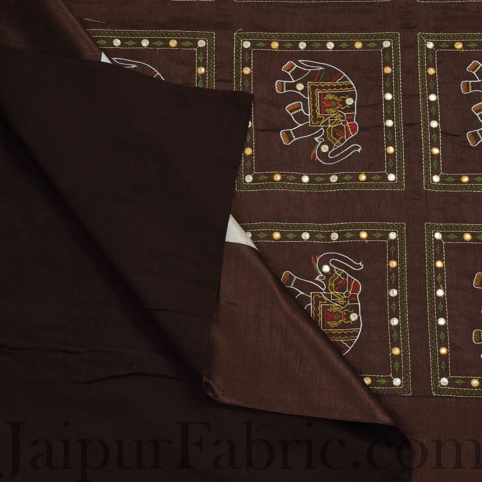 Brown Elephant Embroidered and Mirror Work Silk Double Bed Sheet