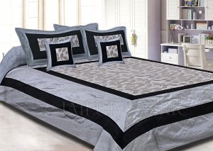 Light Grey Base And Black Border  Double Layered Silk And Tissue Shining Fabric With Computer Embroidery by Silvery Shining Thread Double Bedsheet