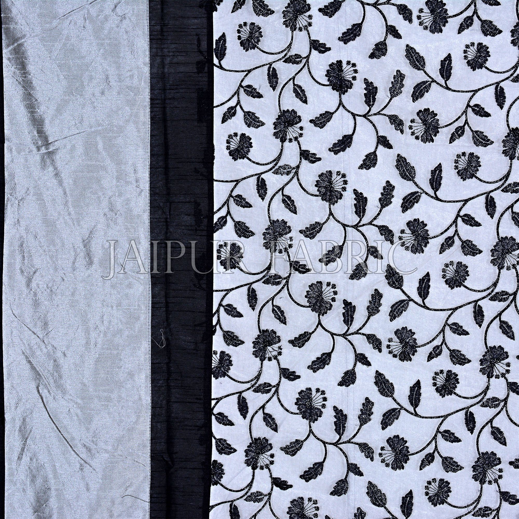 Light Grey Base And Black Border  Double Layerd Silk And Tissue Shinig Fabric With Computer Embroidery With Black Silk Thread Double Bedsheet