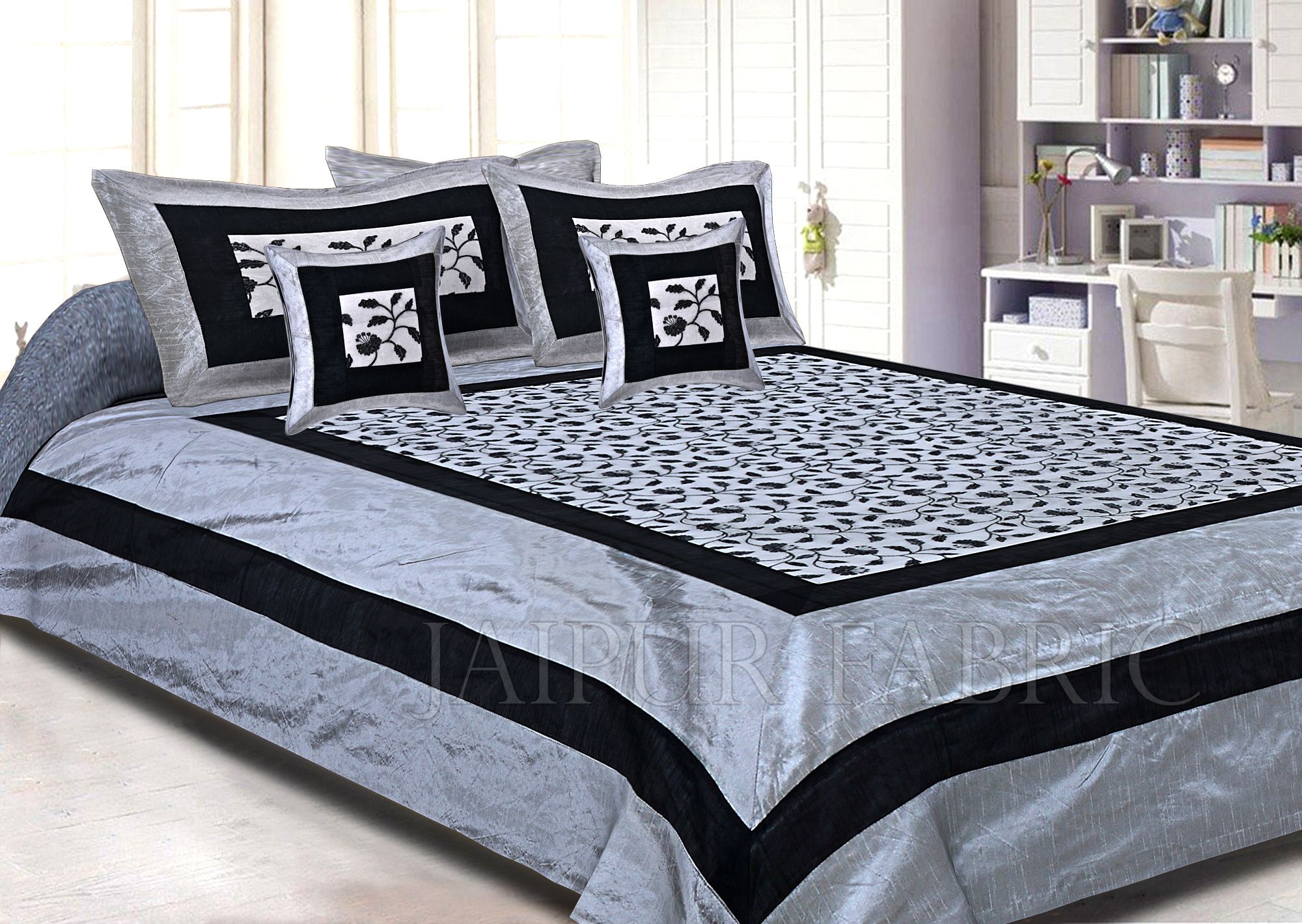 Light Grey Base And Black Border  Double Layerd Silk And Tissue Shinig Fabric With Computer Embroidery With Black Silk Thread Double Bedsheet