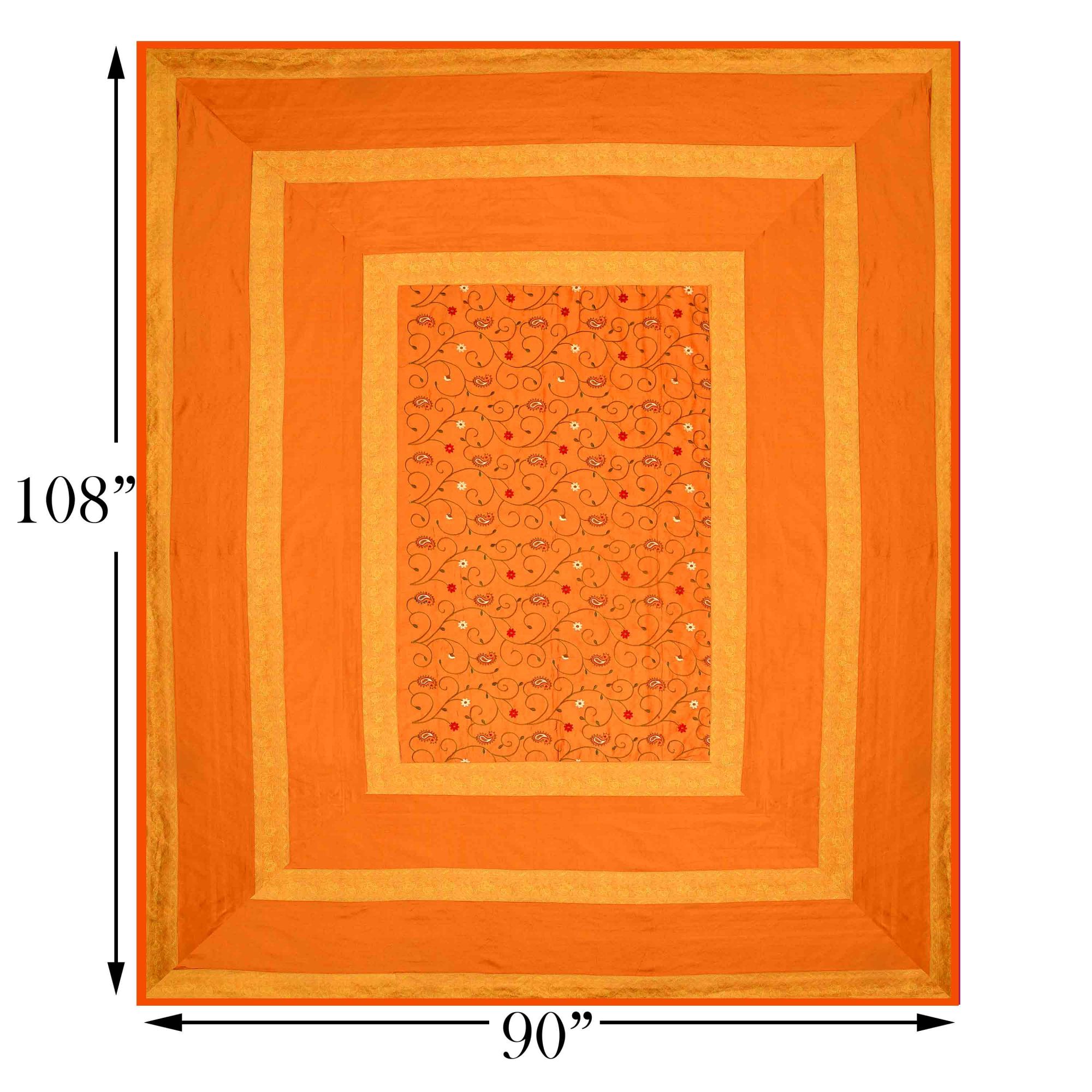 Orangish Yellow  Base With Zari  Border Silk Computer Embroidery  And Silk  Double Bedsheet