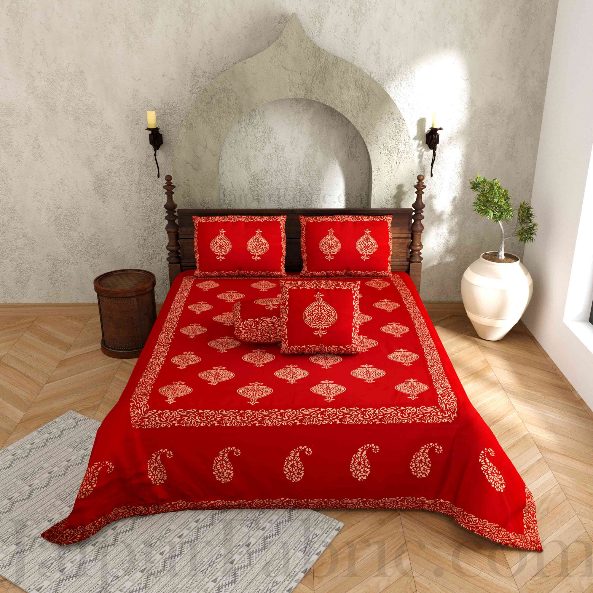 Maroon Base Khadi  Print Hand Block Work Silk Double  Bedsheet