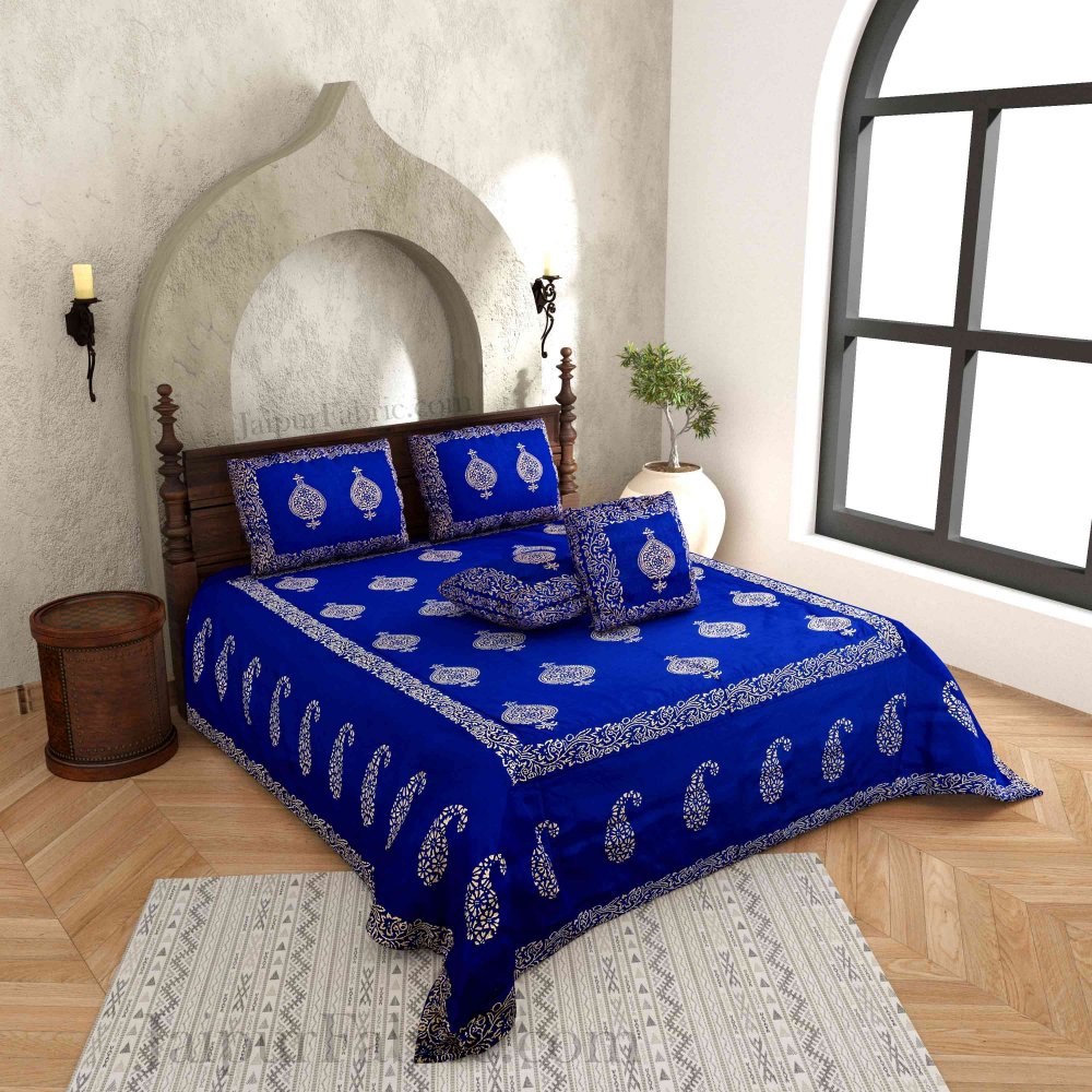 Blue Base Khadi Golden Printed Hand Block Work Silk Double Bed Sheet