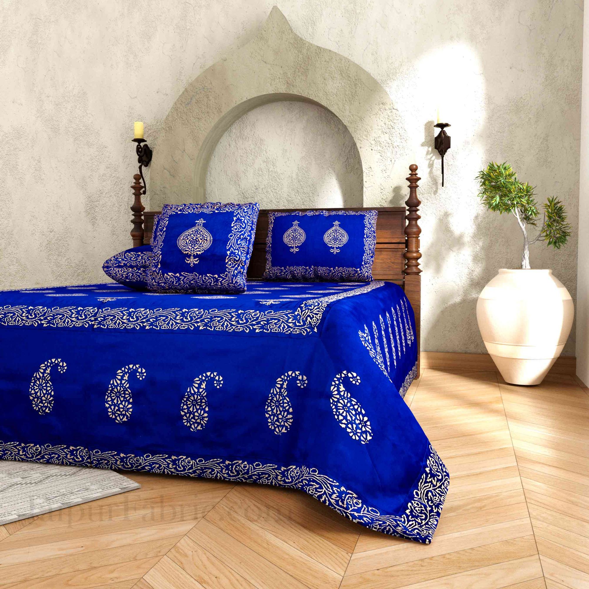 Blue Base Khadi Golden Printed Hand Block Work Silk Double Bed Sheet