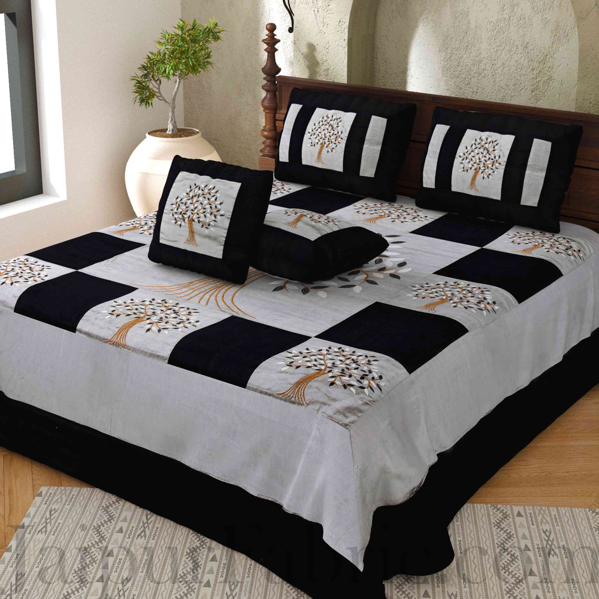 Gray Base Machine Embroidery Black Patch Work Silk Double Bed Sheet