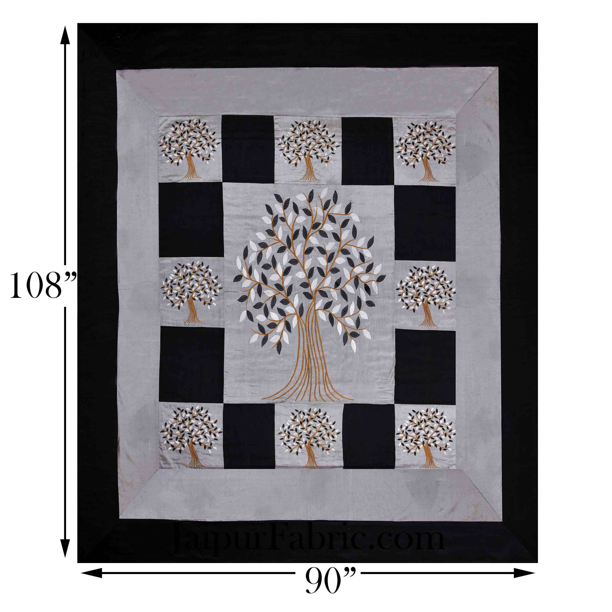 Gray Base Machine Embroidery Black Patch Work Silk Double Bed Sheet