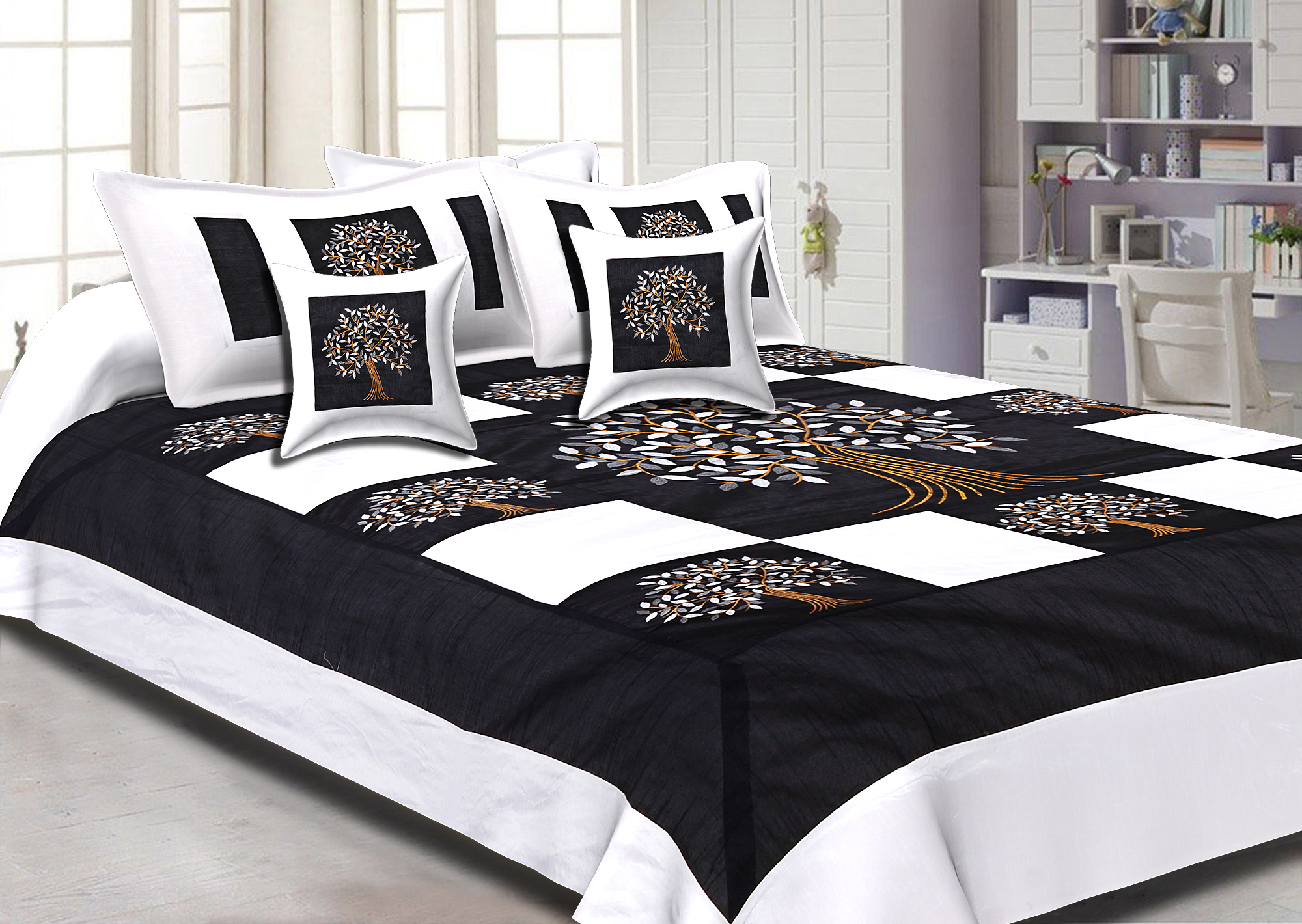 Black Base Machine Embroidery White Patch Work Silk Double Bed Sheet