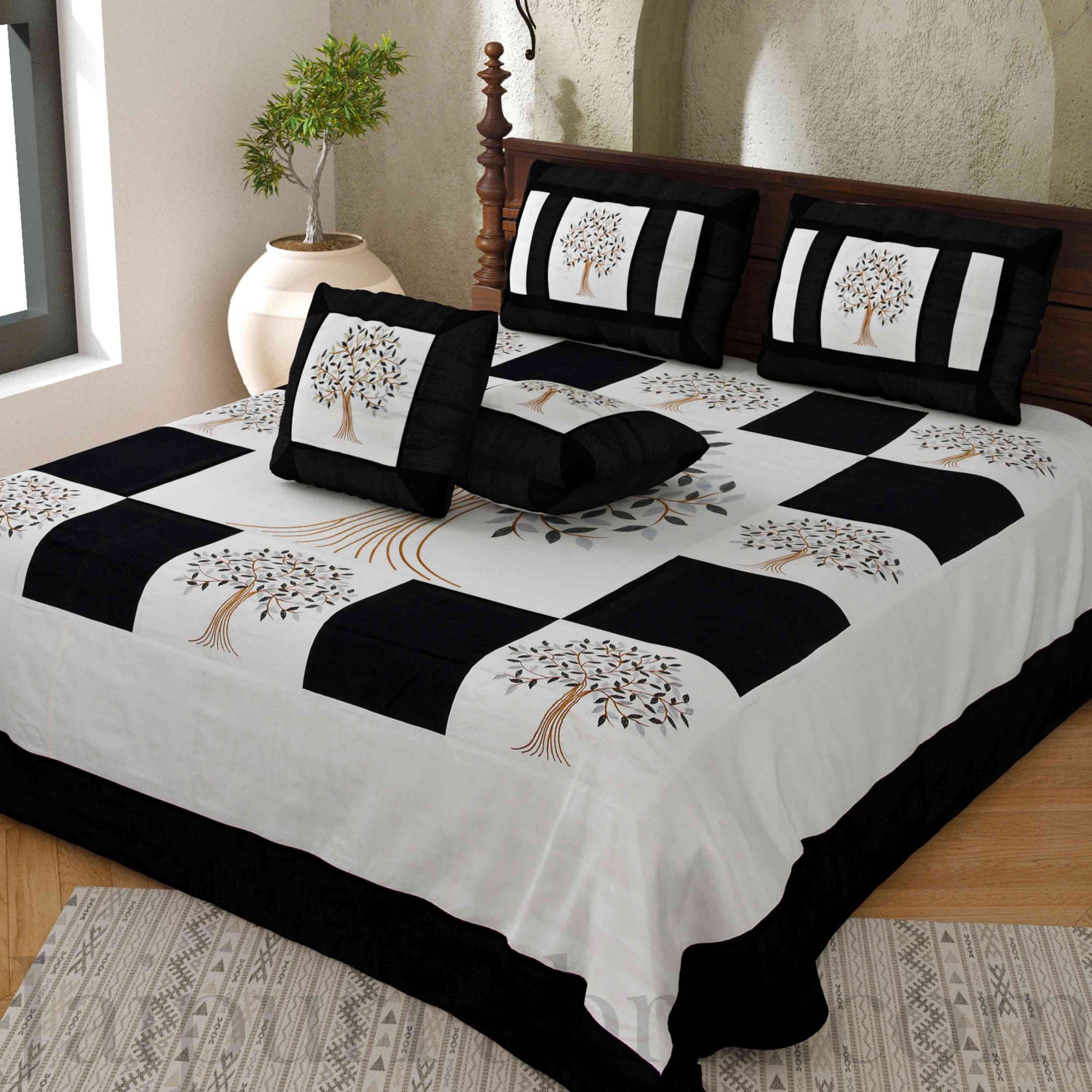 Black Base Machine Embroidery White Patch Work Silk Double Bed Sheet