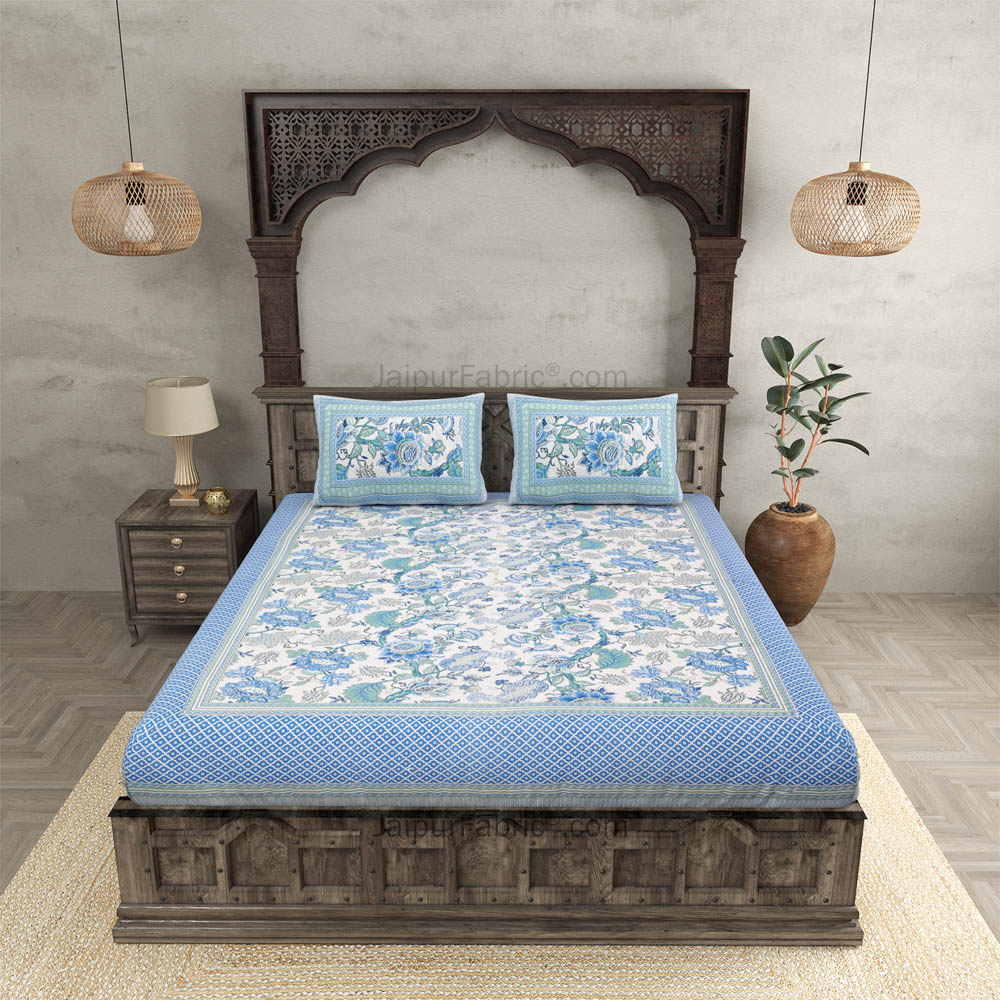 Blue Gala Flowers Double bedsheet