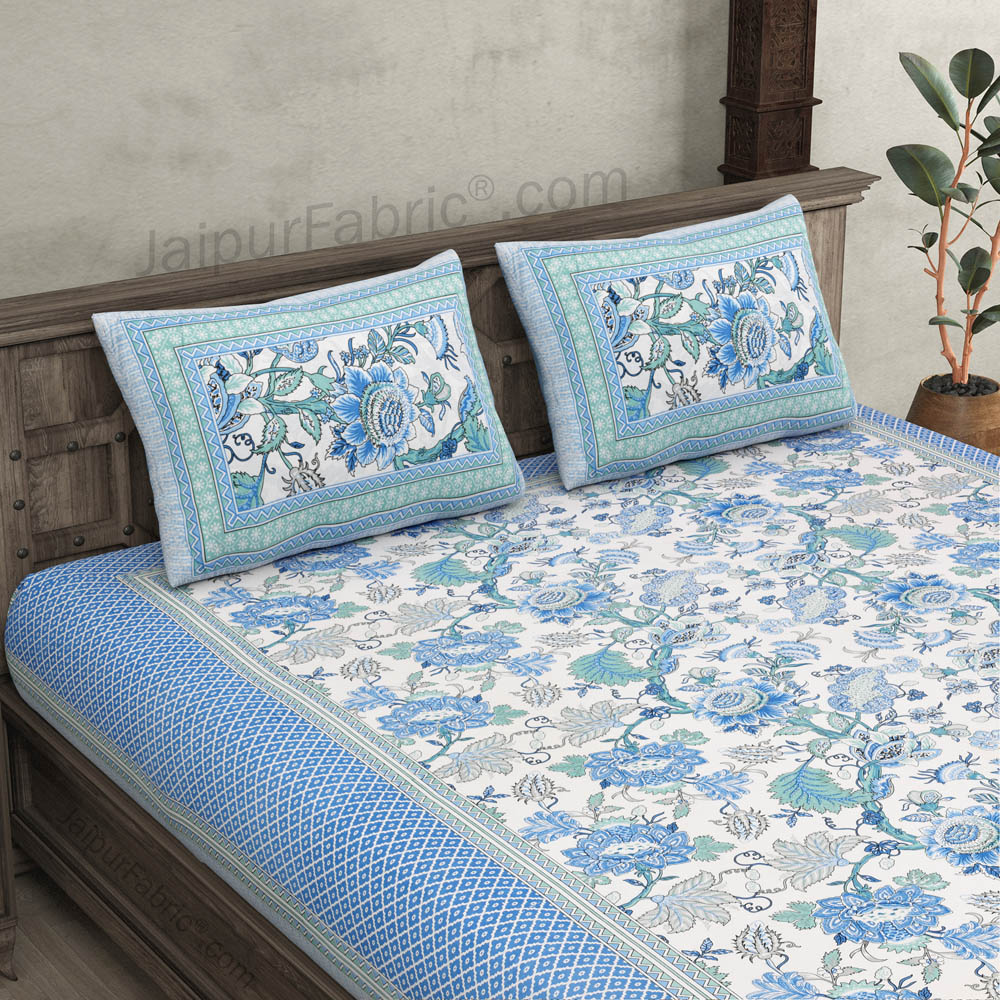 Blue Gala Flowers Double bedsheet