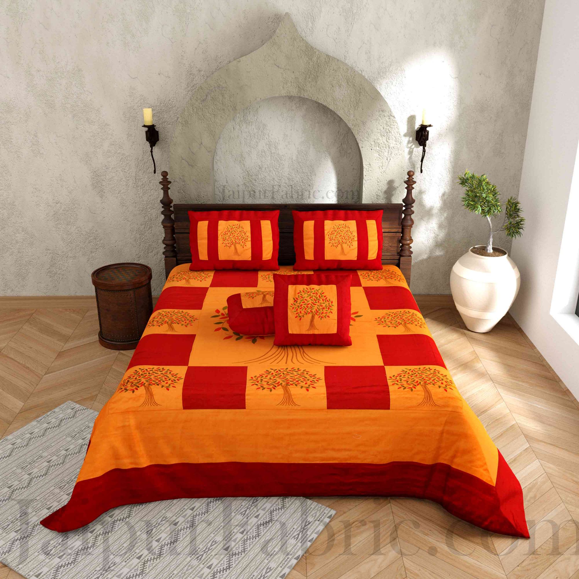 Orange Base Machine Embroidery Maroon Patch Work Silk Double Bed Sheet