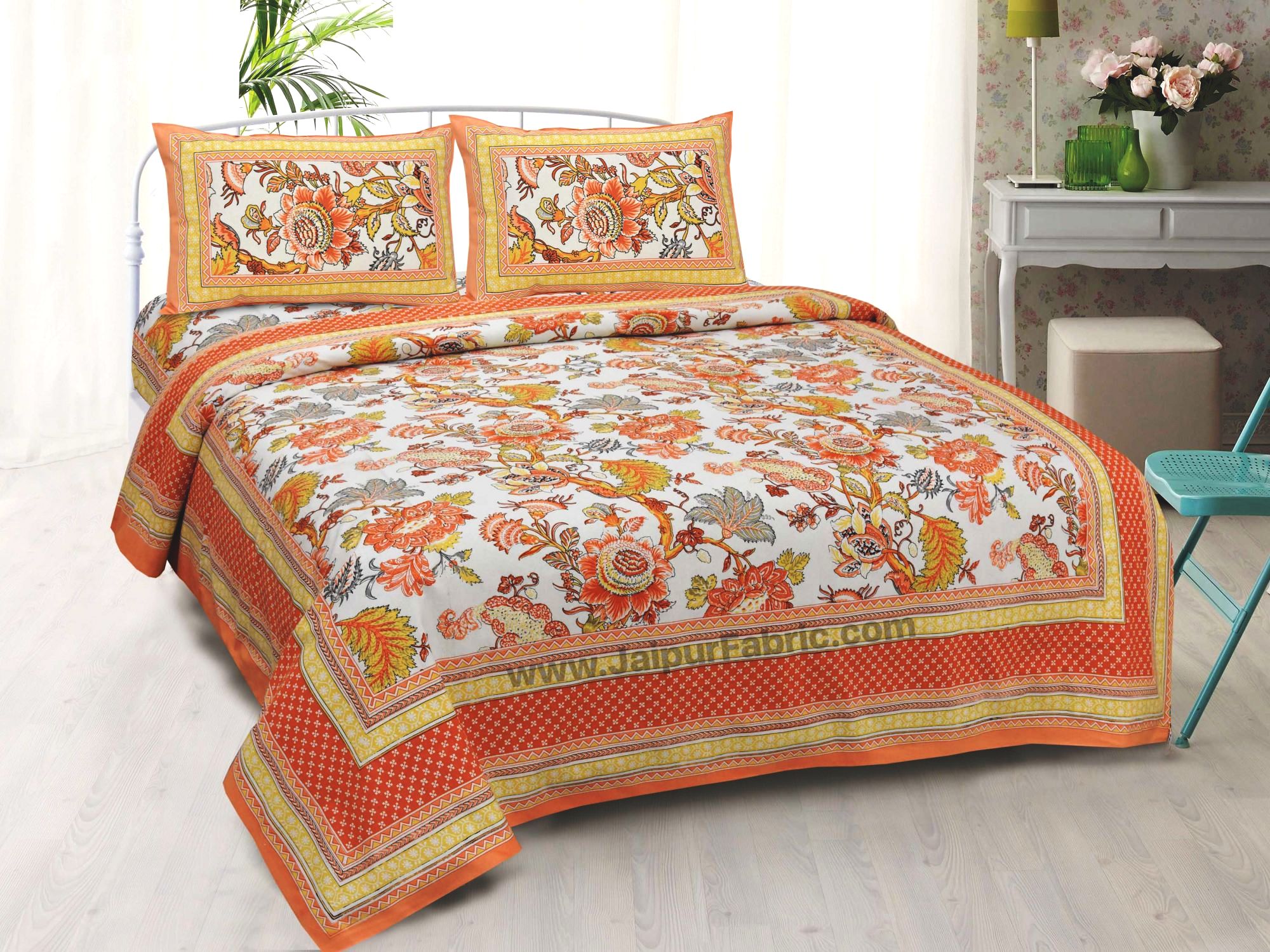 Combo373 Bed in a Bag Orange Floral  1 Dohar + 1 Double BedSheet + 2 Pillow Covers