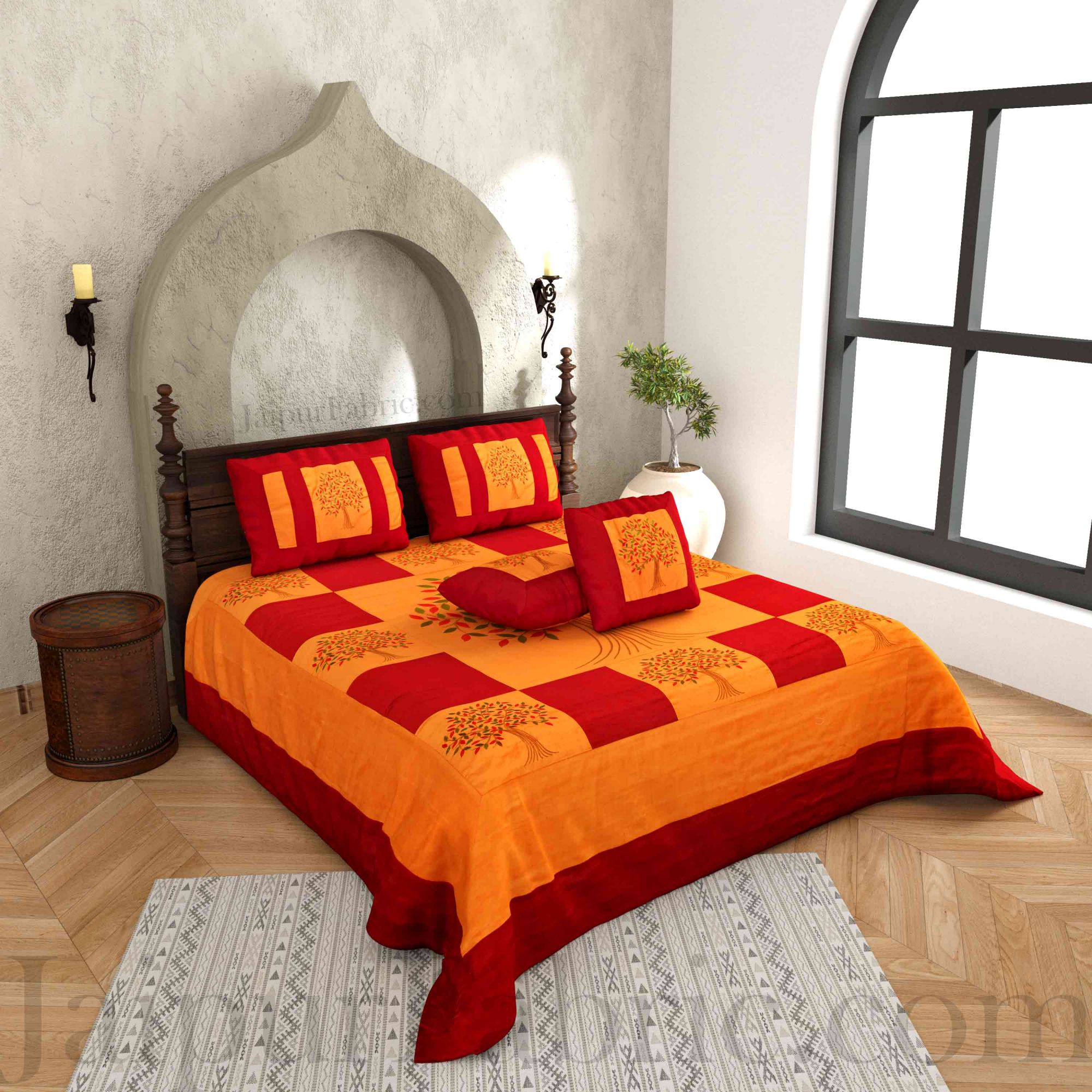 Orange Base Machine Embroidery Maroon Patch Work Silk Double Bed Sheet