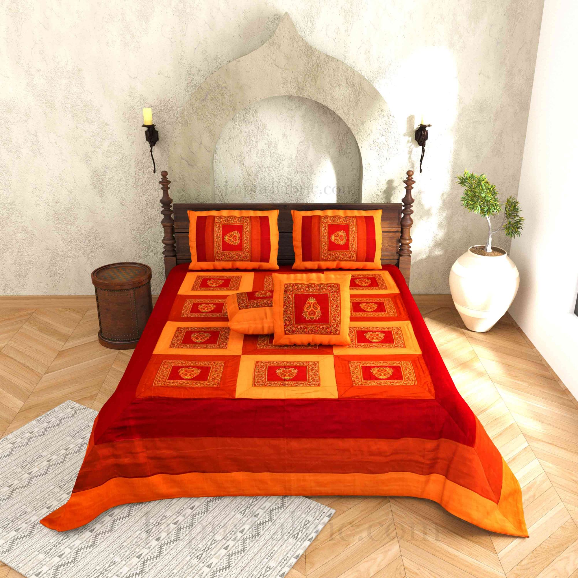 Orange Maroon Base Machine Embroidery and Zari Thread Work Silk Double Bed Sheet