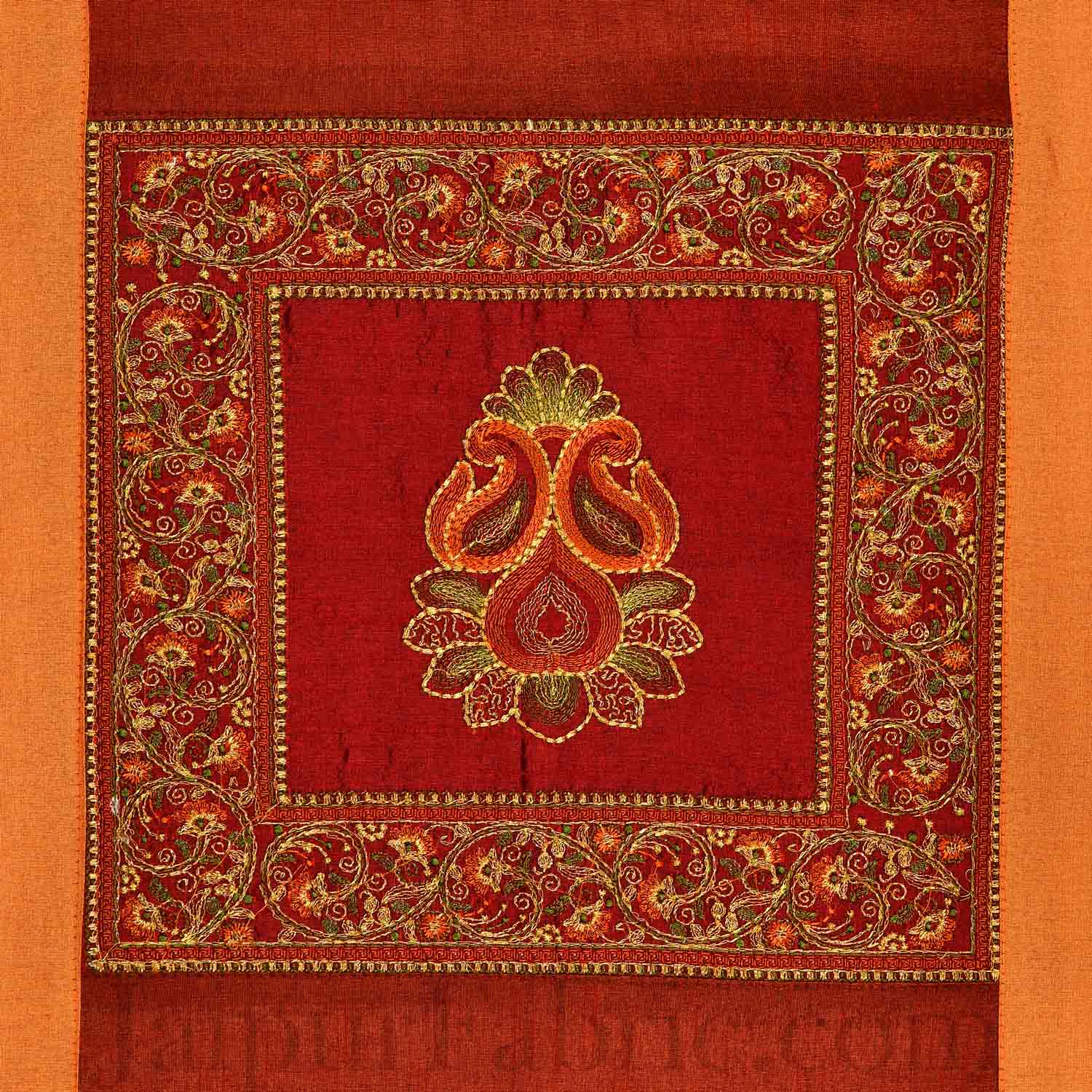 Orange Maroon Base Machine Embroidery and Zari Thread Work Silk Double Bed Sheet