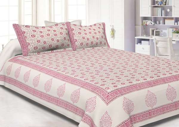 White Base With Kadi Print Red Tree Hand Block Print Super Fine  Cotton Double Bed Sheet
