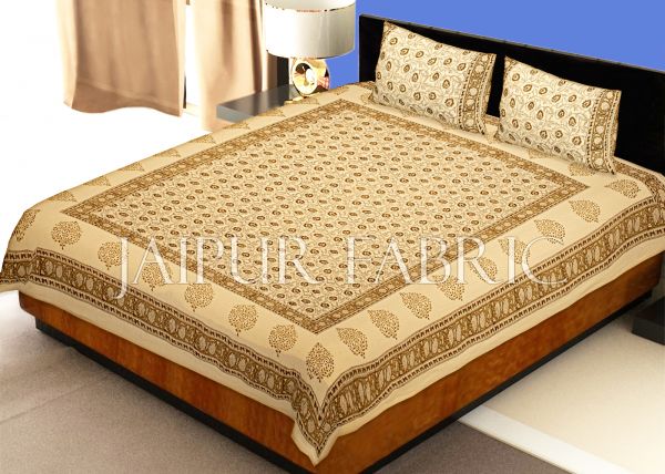 Beige Base With Kadi Print Brown Tree Hand Block Print Super Fine  Cotton Double Bed Sheet