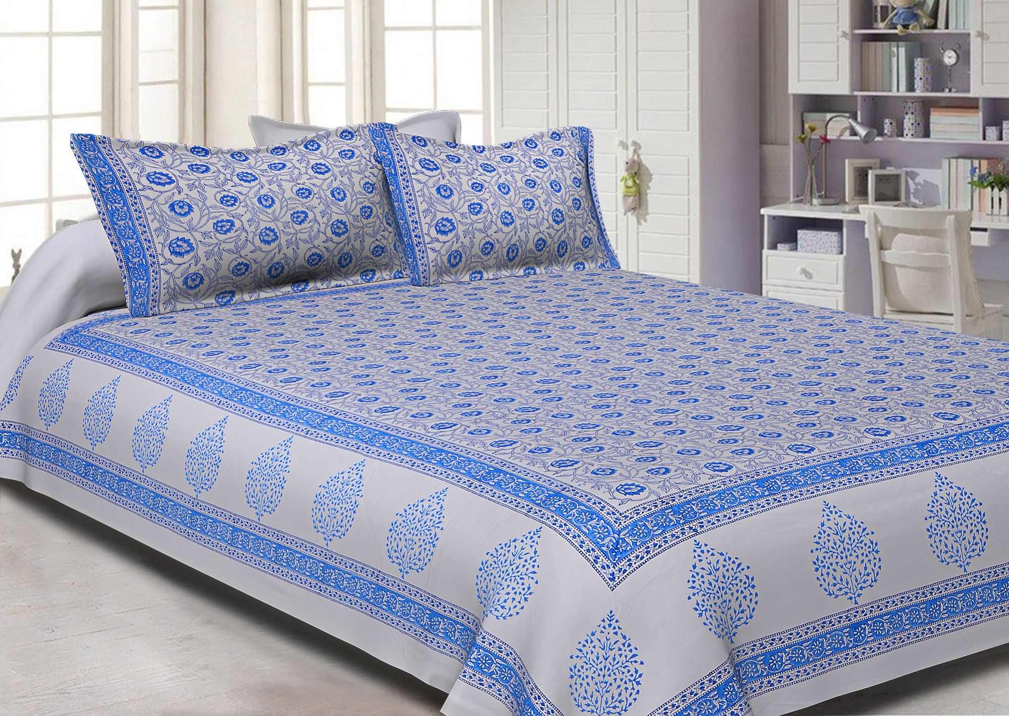 White Base With Kadi Print Blue Tree Hand Block Print Super Fine  Cotton Double Bed Sheet