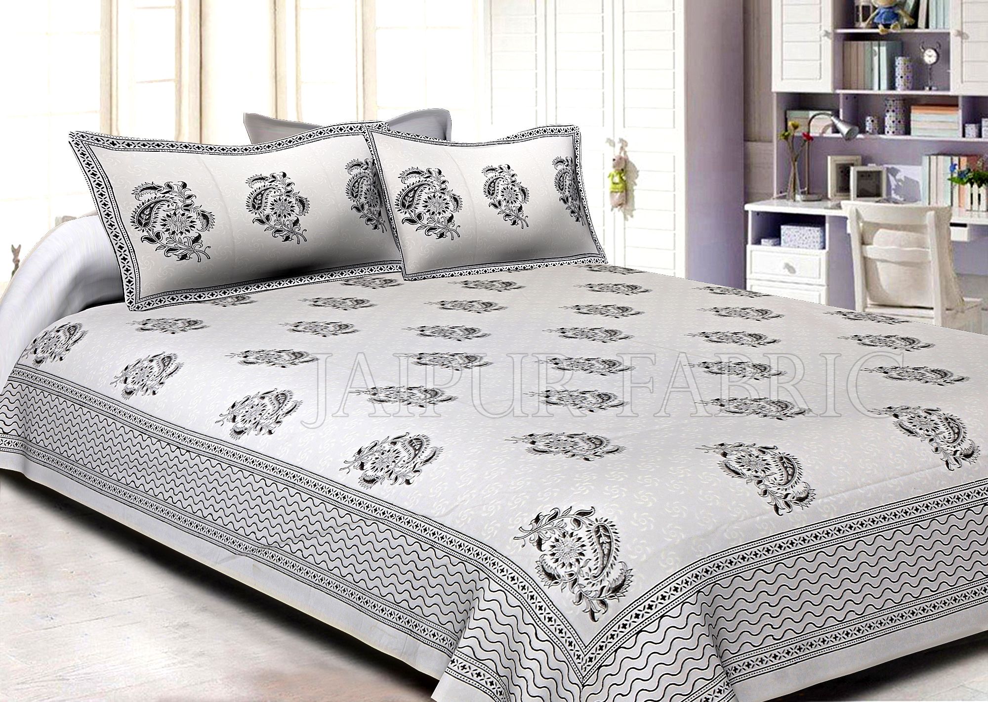 White Base With Kadi Print Blue Rajasthani Buta Hand Block Print Super Fine  Cotton Double Bed Sheet