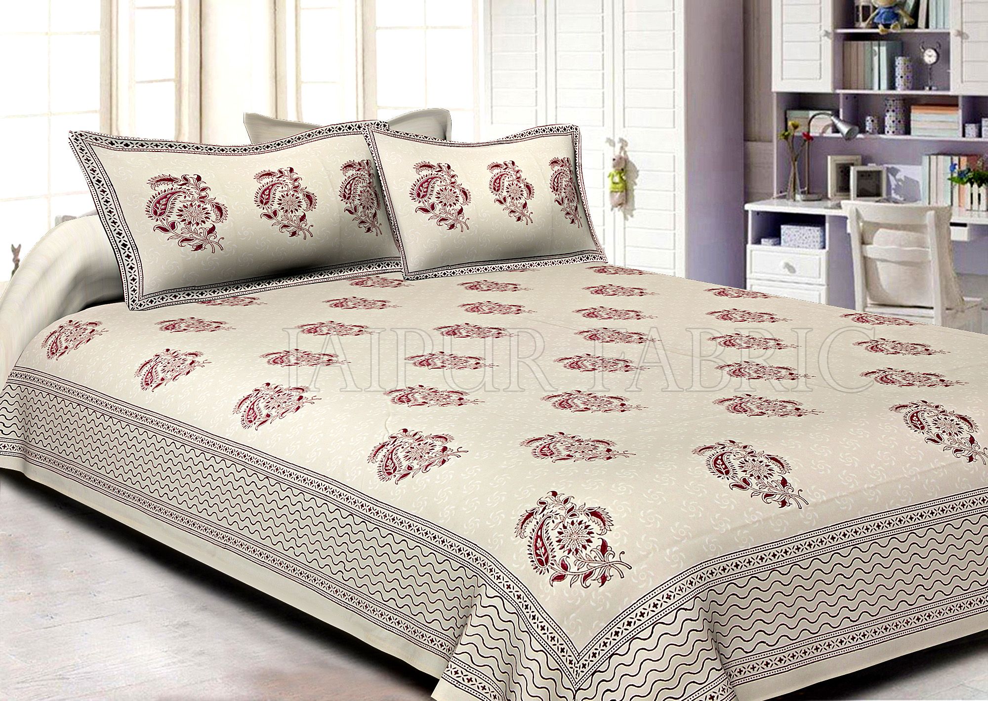 White Base kadi  Pink Rajasthani Buta Hand Block Print Super Fine   Cotton Double Bed Sheet