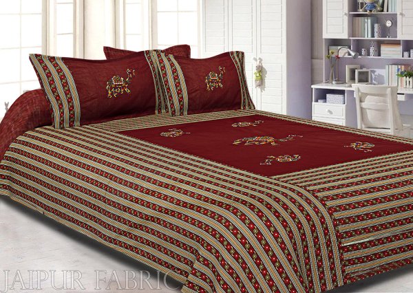 Maroon Color Camel Embroidery Work Double Bed Sheet with Two Pillow Covers