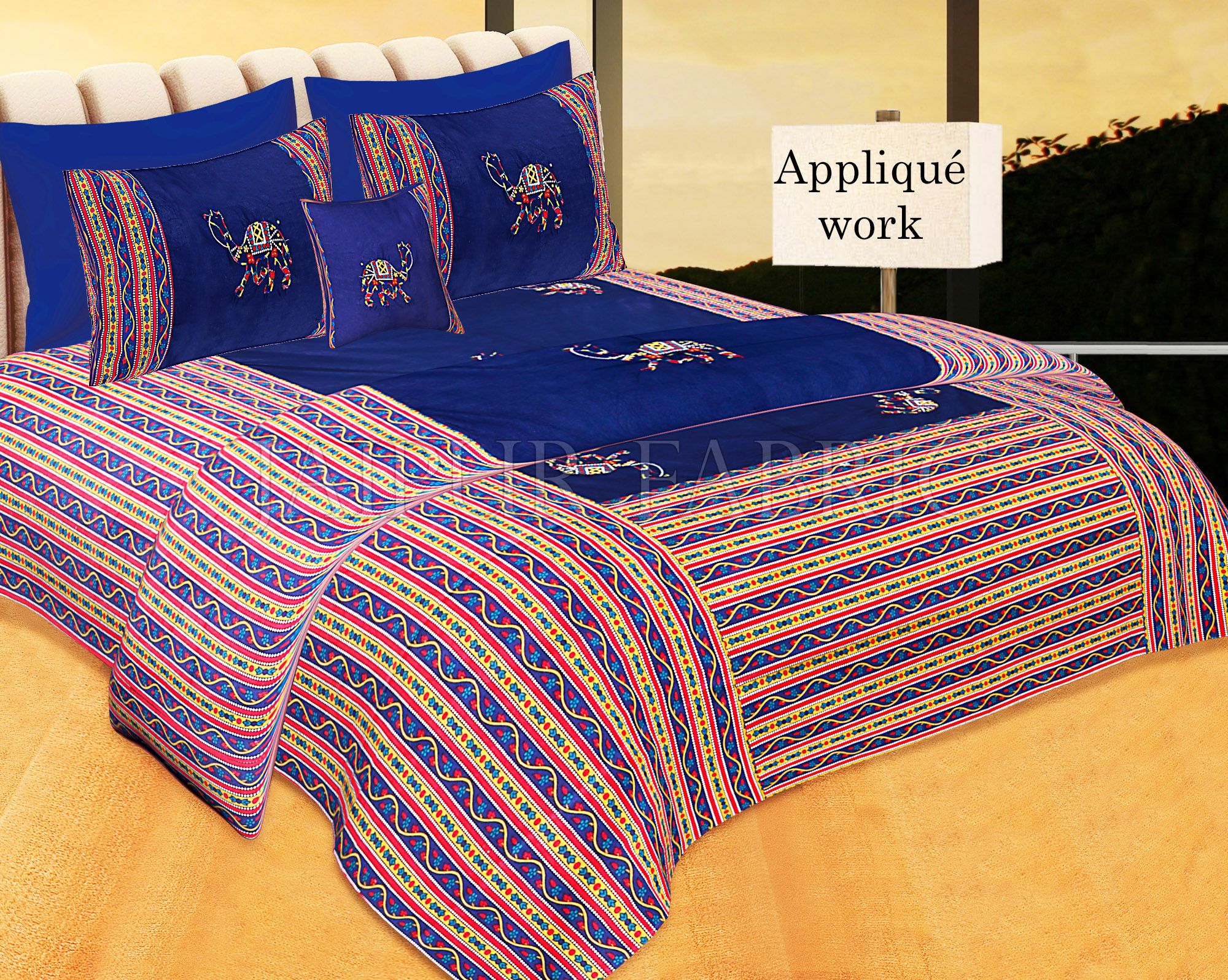 Blue Color Camel Embroidery Work Double Bed Sheet with Two Pillow Covers