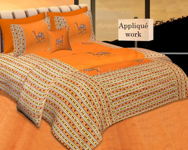 Brown Color Camel Embroidery Work Double Bed Sheet with Two Pillow Covers