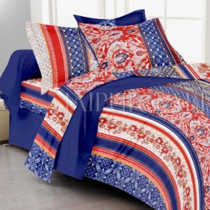 Blue And Red Lining Floral Print Double Bed Sheet