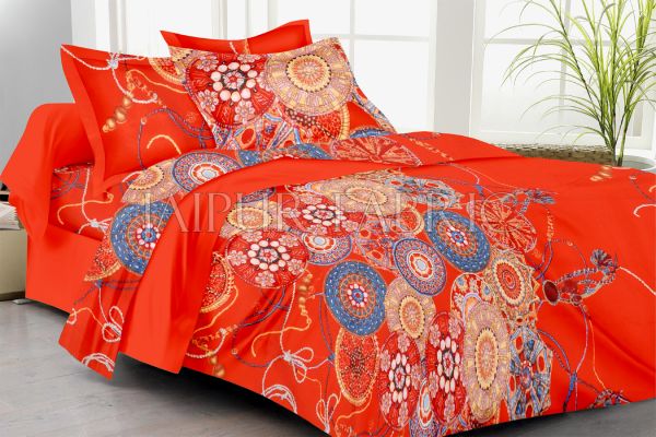 Orange Color Floral And Circle Print Double Bed Sheet