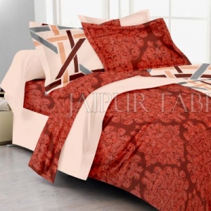 Cream And Maroon Base Small Lining Print Double Bed Sheet